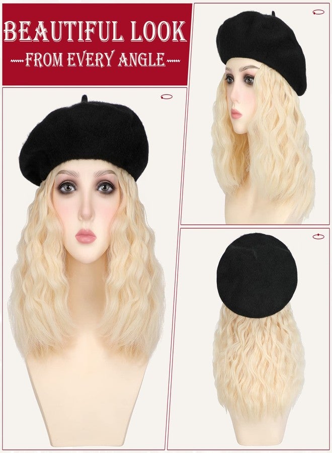 Lansigreen Berets Hat with Hair Extensions Classic Stretchable Wool French Solid Cap Attached Short Curly Bob Synthetic Hairpiece Wig Hat for Women Bleach Blonde - Image 2