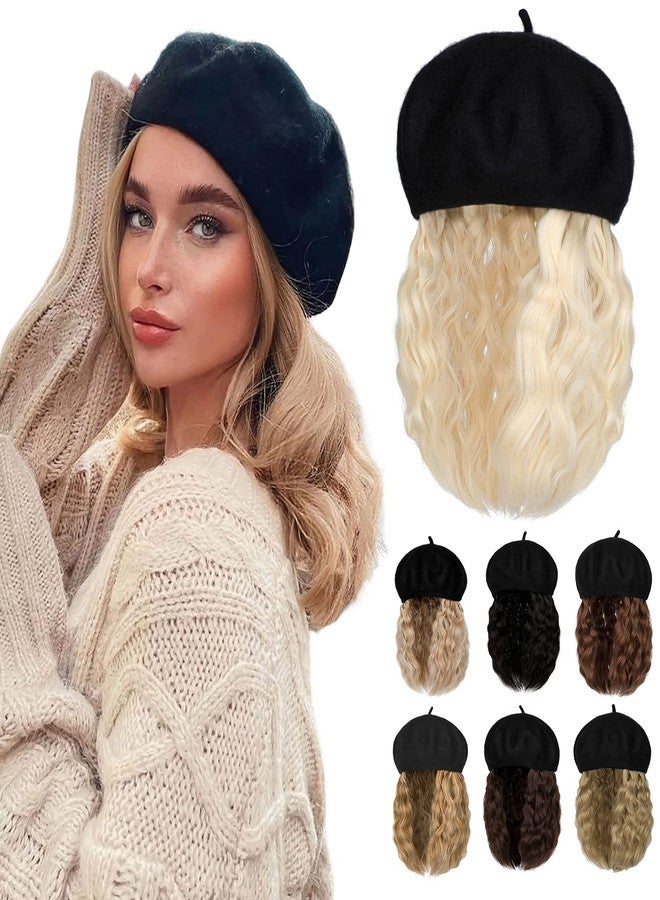 Lansigreen Berets Hat with Hair Extensions Classic Stretchable Wool French Solid Cap Attached Short Curly Bob Synthetic Hairpiece Wig Hat for Women Bleach Blonde - Image 1