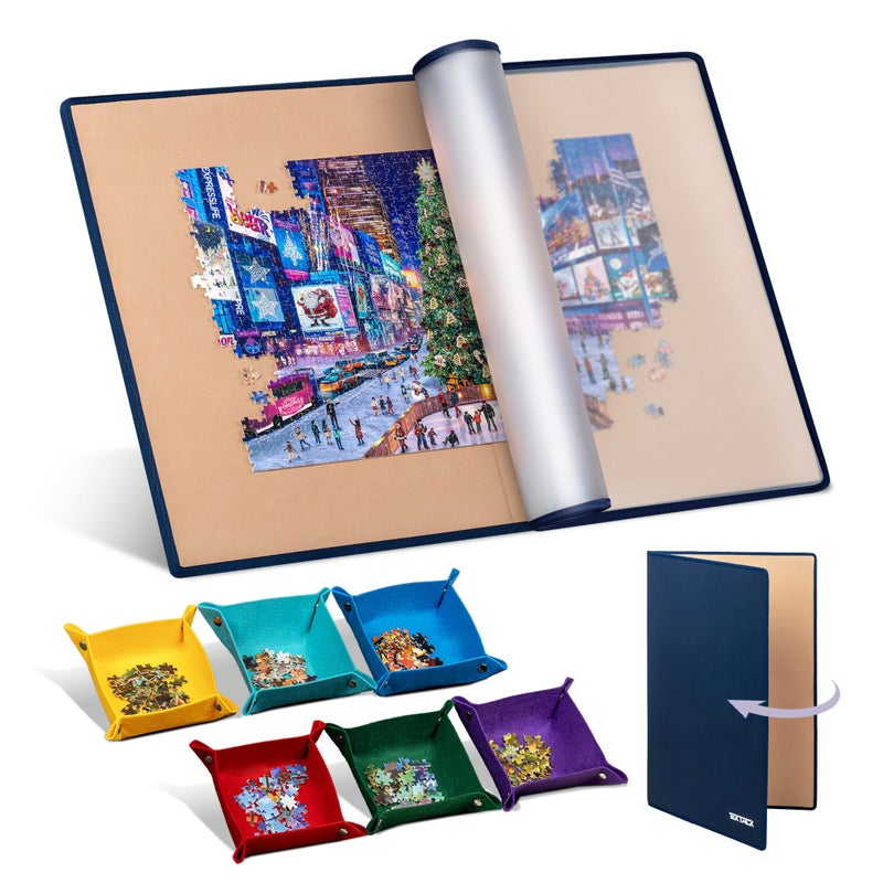 Tektalk Foldable Jigsaw Puzzle Board with 6 Color Sorting Trays Portable Puzzle Mat with Dustproof Cover for Puzzle Storage Saver, Non-Slip Surface, Up to 2000 Pieces - Khaki - Image 1