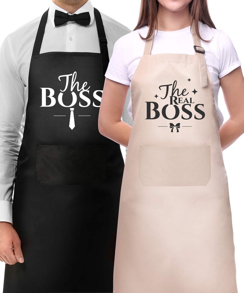 Genrics Couple Aprons for Cooking-The Boss The Real Boss Apron Set Funny Adjustable Baking Aprons His and Her Engagement Anniversary Wedding Valentines Day Bridal Shower Gift - Image 1