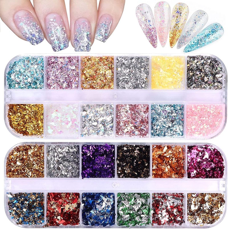 EBANKU 2 Boxes Nail Art Foil Flakes Nail Sequins Glitter Holographic Gold Silver Irregular Paillette Colorful Confetti Mirror Effect Acrylic Flakes for DIY Nail Art Decoration