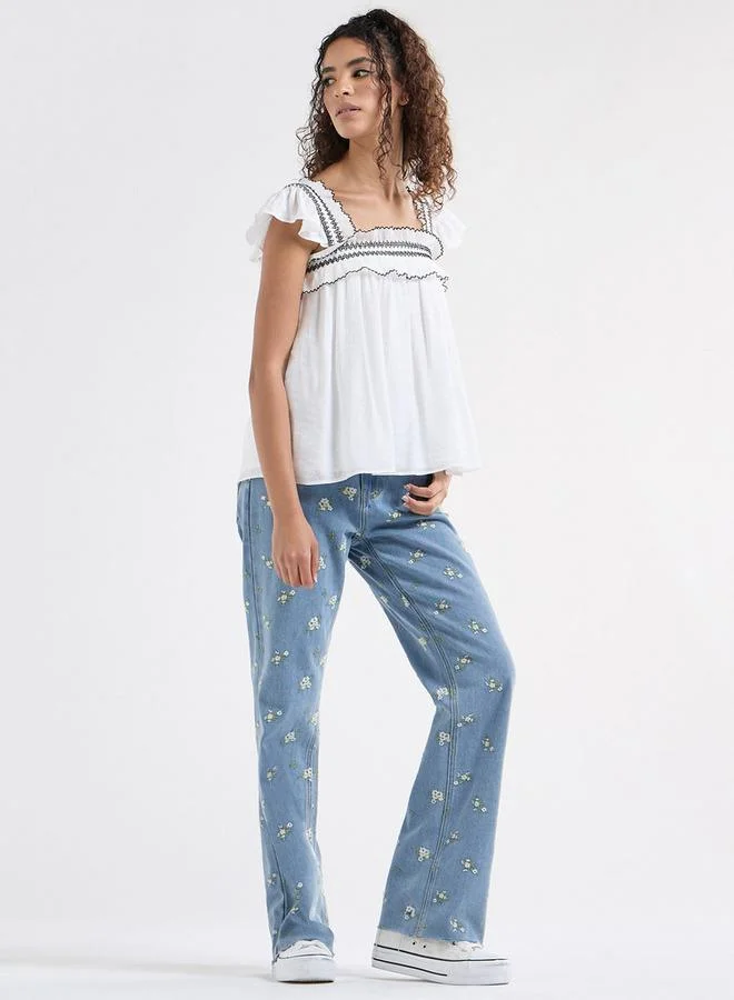 Splash FAV Textured Square Neck Top with Cap Sleeves and Ruffle Detail