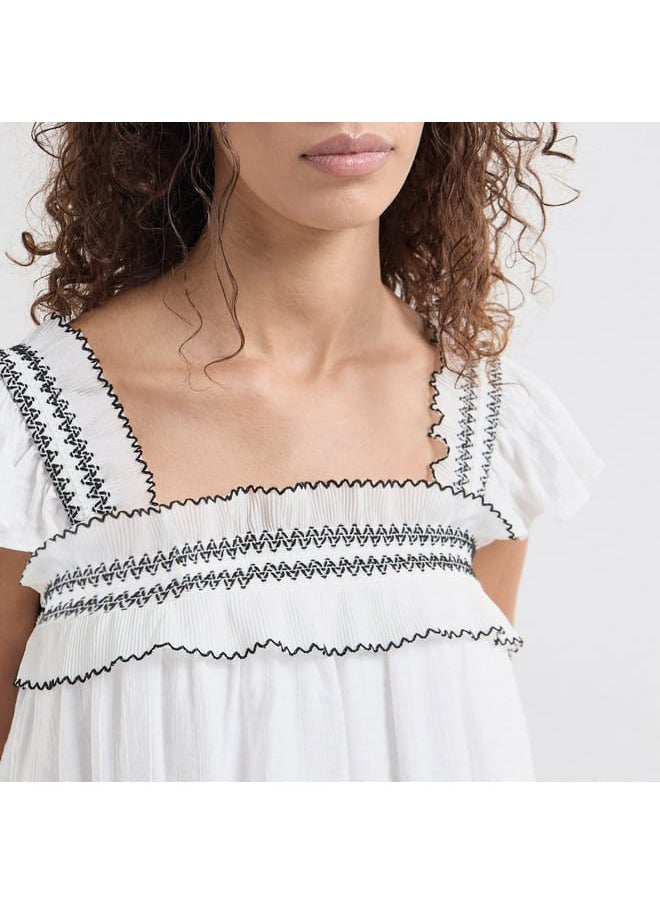 FAV Textured Square Neck Top with Cap Sleeves and Ruffle Detail  - Image 4