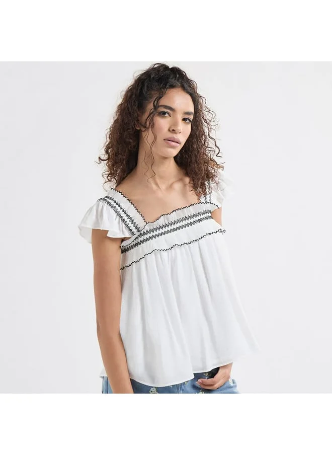 FAV Textured Square Neck Top with Cap Sleeves and Ruffle Detail