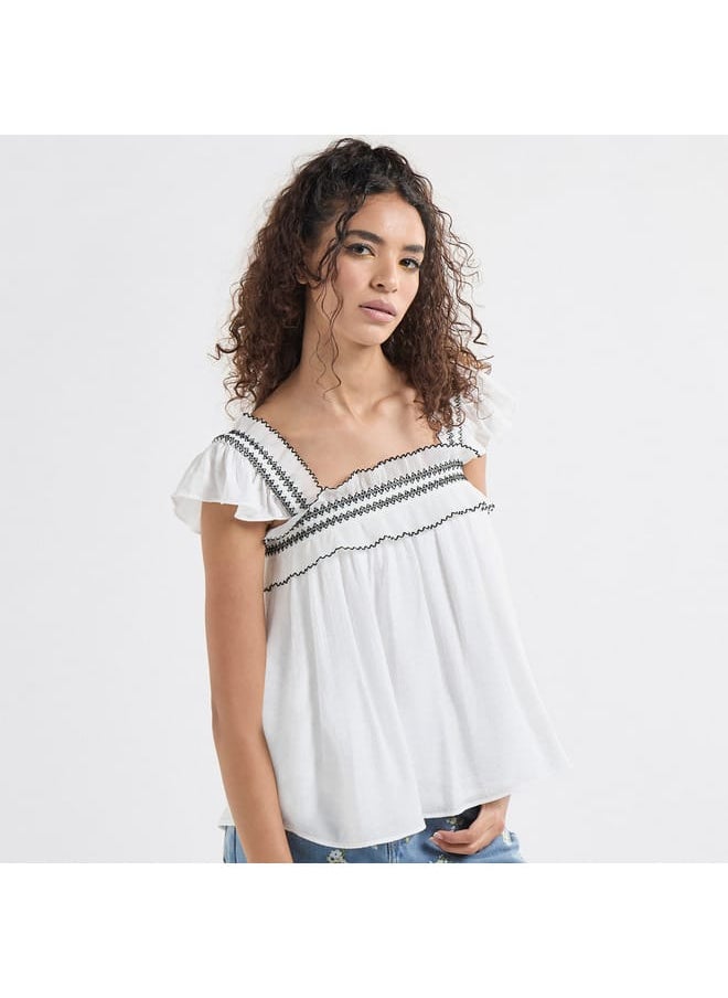 FAV Textured Square Neck Top with Cap Sleeves and Ruffle Detail  - Image 1