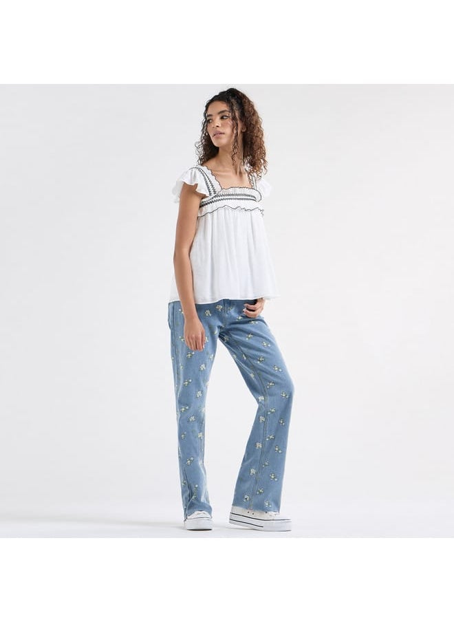 FAV Textured Square Neck Top with Cap Sleeves and Ruffle Detail  - Image 2
