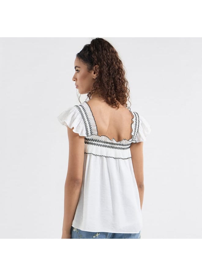 FAV Textured Square Neck Top with Cap Sleeves and Ruffle Detail  - Image 3