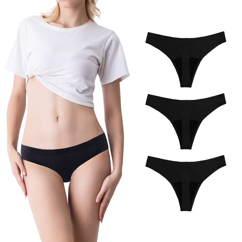 SHARICCA Women Postpartum Period Thongs 4 Layers Leakproof Underwear Panties for teen ladies 3 Pack (3Black, M) - Image 1