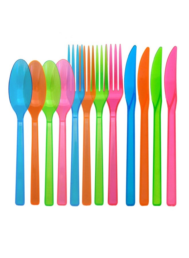 Party Essentials مجموعة أدوات المائدة البلاستيكية الصلبة الأساسية للحفلات، 144 قطعة/48 إعداد طاولة، ألوان نيون متنوعة - Image 1