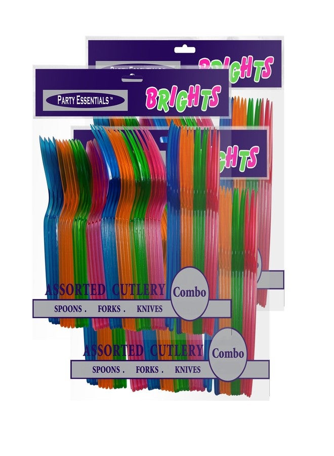Party Essentials مجموعة أدوات المائدة البلاستيكية الصلبة الأساسية للحفلات، 144 قطعة/48 إعداد طاولة، ألوان نيون متنوعة - Image 4