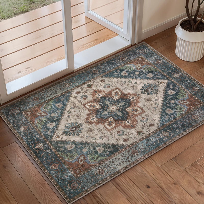 Ciicool Washable Vintage Area Rug, 2x3ft Small Boho Rug, Ultra Soft Rugs for Entryway, Non-Slip Entry Rugs Oriental Low-Pile Indoor Mat Floor Carpet for Entrance Bedroom Kitchen Bathroom Foyer Decor - Image 1