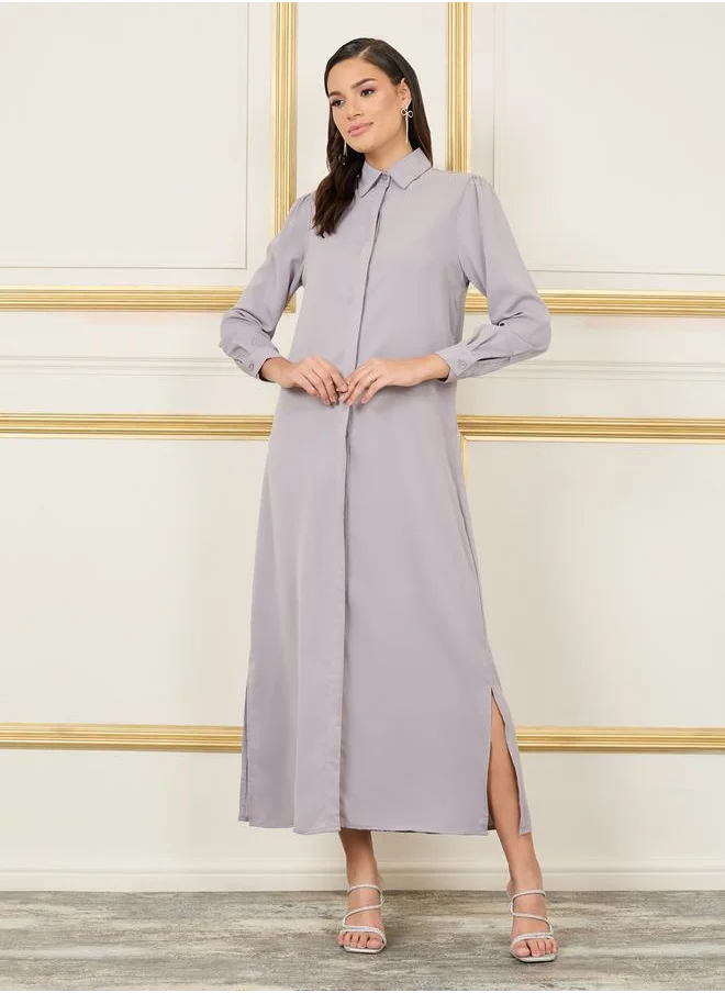 Styli Solid Concealed Placket Shirt Maxi Dress
