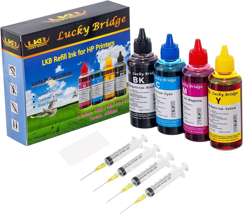 ال كيه بي مجموعة إعادة تعبئة الحبر LKB 400ml Lucky Bridge 4x100ml لخراطيش HP 950 951 60 61 952 902 901 61 60 62 63 21 22 920 940 934 564 932 933 711 970 971 92 94 95 96 97 أو نظام CIS CISS، مجموعة 4 ألوان (400 مل) - الولايات المتحدة - Image 1