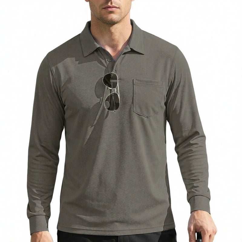 Men's Casual Loose Button Placket Long Sleeve Mesh Collar Outdoor Sports Polo Shirt - Image 1