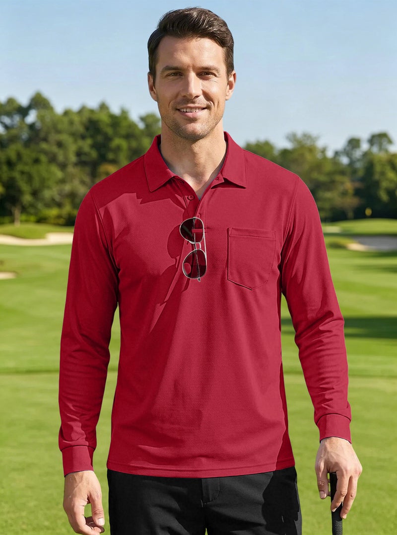 Men's Casual Loose Button Placket Long Sleeve Mesh Collar Outdoor Sports Polo Shirt - Image 2