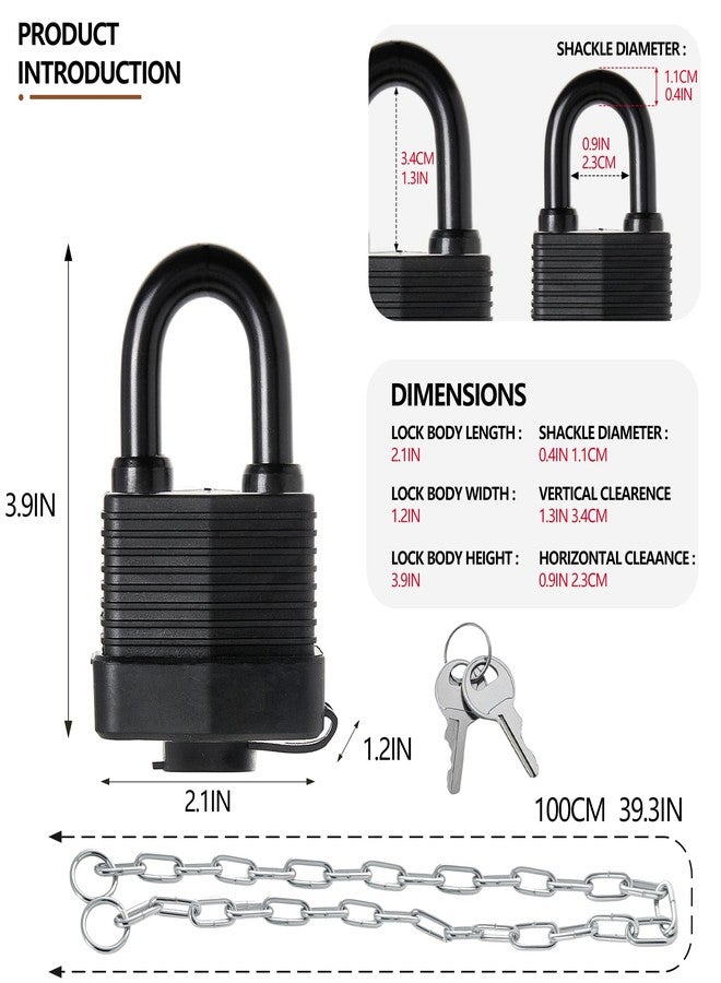 ZEERSHEE 3.3ft Heavy Duty Chain and Padlock Set, 50mm Waterproof Laminated Steel Security Lock with Keys, All Weather Rustproof Anti Cut Lock for Outdoor Gate, Fence, Bicycle, Motorcycle, Grill - Image 2