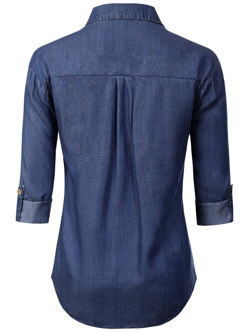 MixMatchy Women's Casual Basic Roll Up Sleeve Denim Chambray V-Neck Tencel Button Down Shirt Dark Denim M - Image 3