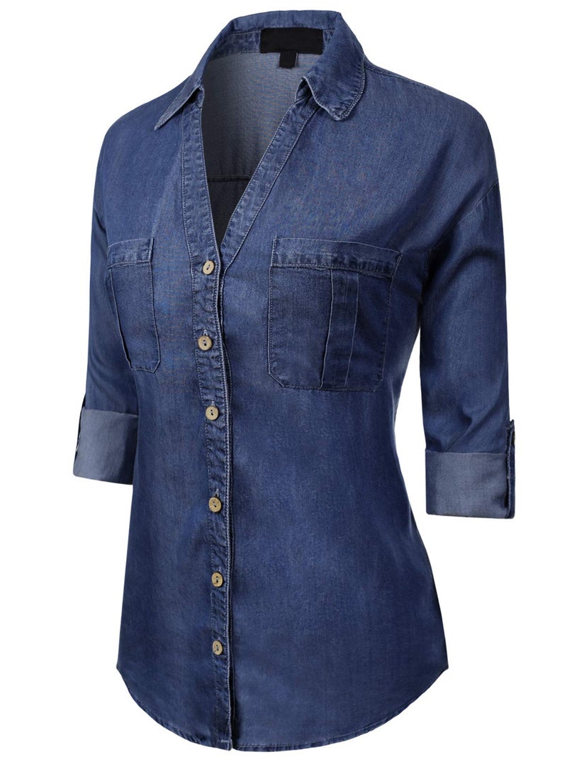 MixMatchy Women's Casual Basic Roll Up Sleeve Denim Chambray V-Neck Tencel Button Down Shirt Dark Denim M - Image 2