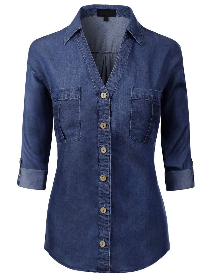 MixMatchy Women's Casual Basic Roll Up Sleeve Denim Chambray V-Neck Tencel Button Down Shirt Dark Denim M - Image 1