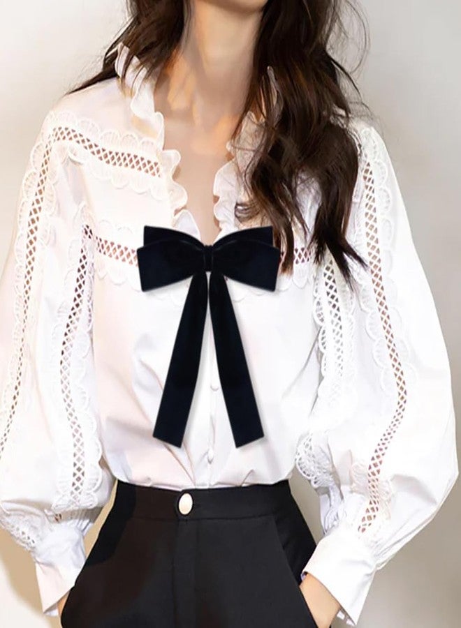 Izpack Long Velvet Bow Brooch Pre-Tied Bowknot Neck Tie Brooches Pin Fabric Ribbon Collar Lapel Pins Clip Dress Suit Shirts Bouquet Corsage Dainty Jewelry for Women Girls Wedding Birthday Prom Party (Black) - Image 3