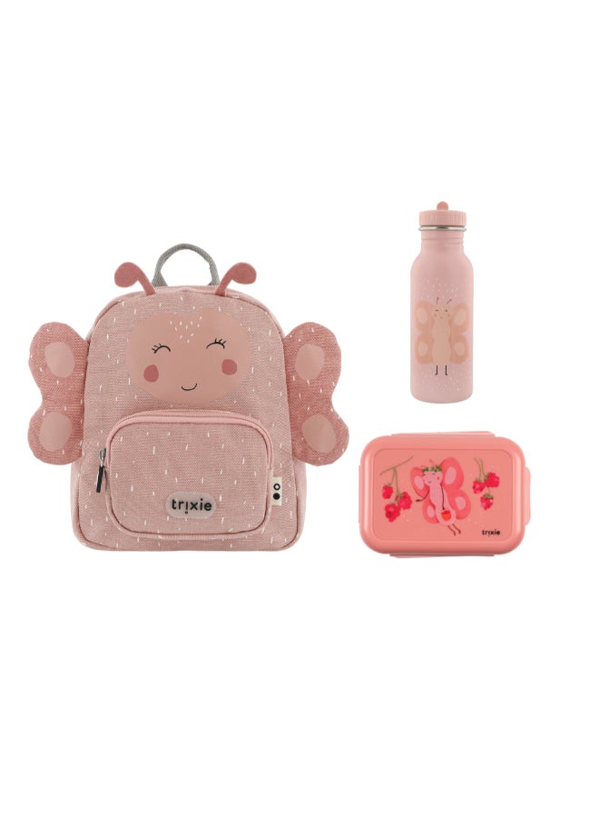 Trixie School Essential Set of 3 - Backpack Regular + Leakproof Lunch Box with Clips + SS Bottle 500ml - Mrs. Butterfly - Image 1