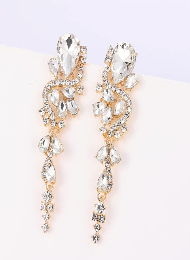 WanBigVa Bridal Wedding Earrings for Brides Bridesmaides Rhinestone Statement Drop Dangle Earrings Dangling Sparkly Crystal and Gold Long Chandelier Teardrop Earrings for Women Prom Party - Image 2