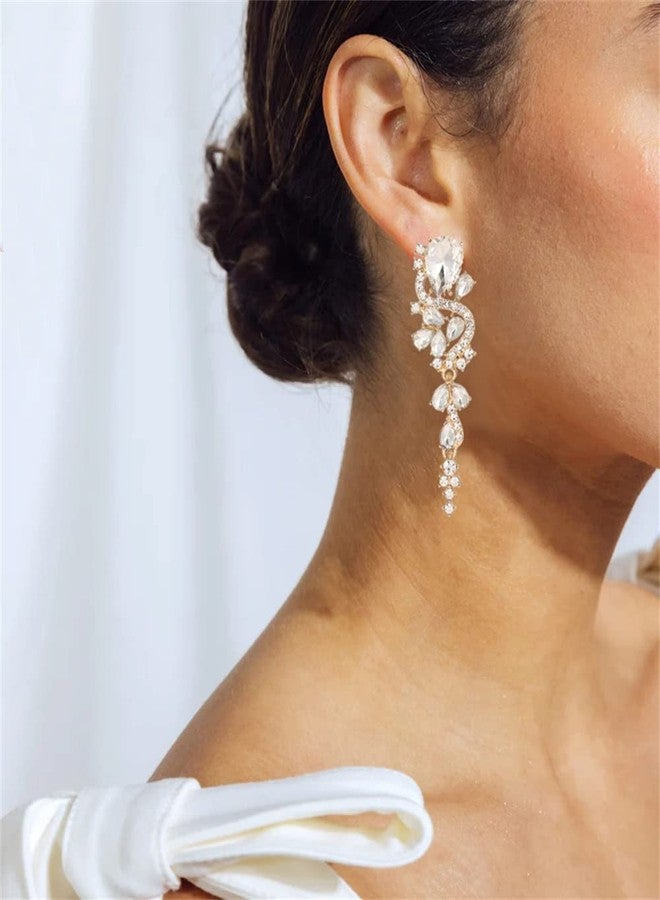 WanBigVa Bridal Wedding Earrings for Brides Bridesmaides Rhinestone Statement Drop Dangle Earrings Dangling Sparkly Crystal and Gold Long Chandelier Teardrop Earrings for Women Prom Party - Image 5