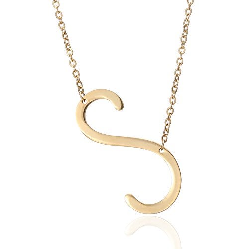 RINHOO Sideways Large Initial Necklace 18k Gold Plated Stainless Steel Big Letter Script Name Monogram Pendant Necklace for Women Gift(from Alphabet 26 A-Z) - Image 1