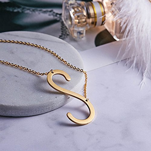 RINHOO Sideways Large Initial Necklace 18k Gold Plated Stainless Steel Big Letter Script Name Monogram Pendant Necklace for Women Gift(from Alphabet 26 A-Z) - Image 3