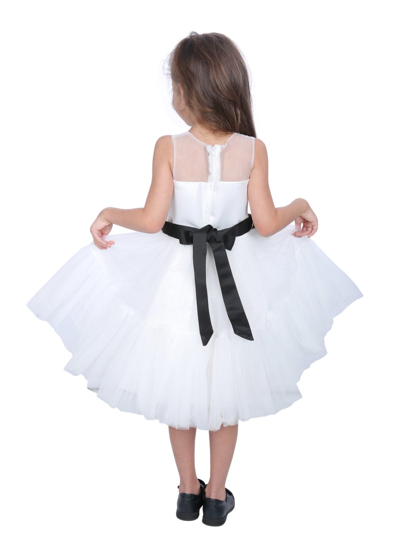 D'Daniela Toddler Girls Bow Front Ruffle Hem Mesh Gown Dress White black - Image 2