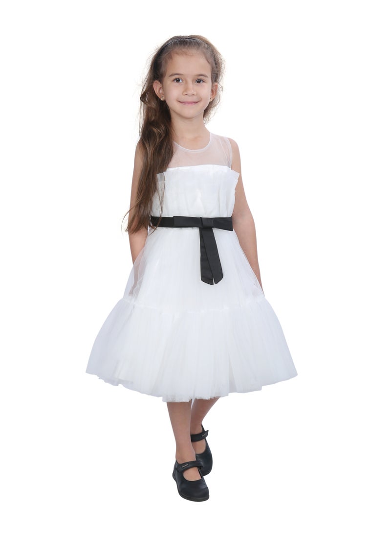 D'Daniela Toddler Girls Bow Front Ruffle Hem Mesh Gown Dress White black - Image 1