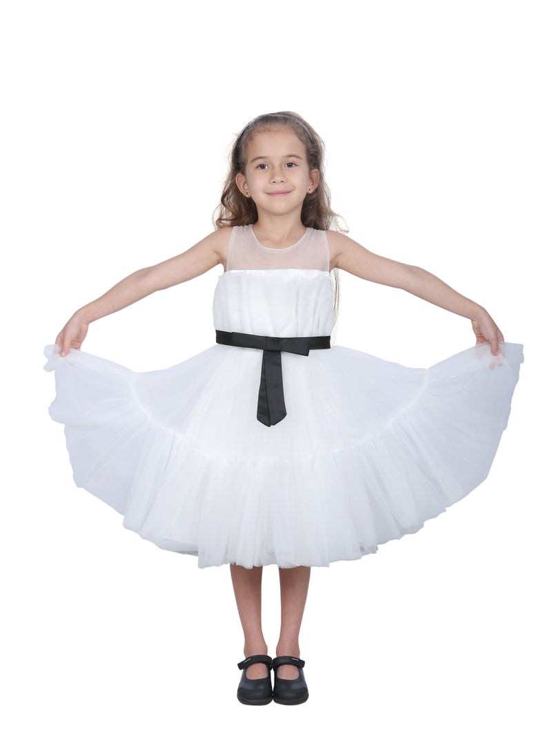 D'Daniela Toddler Girls Bow Front Ruffle Hem Mesh Gown Dress White black - Image 3