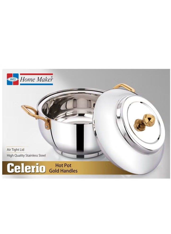 Homemaker Celerio Hotpot 2500ml – Premium Stainless Steel Casserole with Airtight Gold Lid & Silver Finish – Superior Heat Retention – Fine Finish, Smooth Texture – Hand & Dishwasher Safe - Image 2