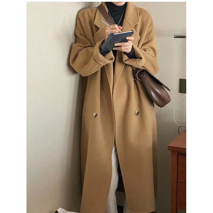 Autumn and Winter Korean Double-sided Fleece Wool Coat Womens 2024 New Fashionable Western Style Loose Mid-length Coat Coat Gown T3412#Khaki 