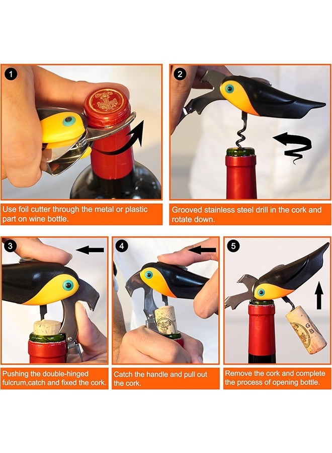 فتاحة نبيذ احترافية للنادلين والعاملين في البار مع قاطع رقائق معدنية - فتاحة زجاجات يدوية، شكل طائر مزدوج المفصلات 3 في 1 (أسود) - Image 4