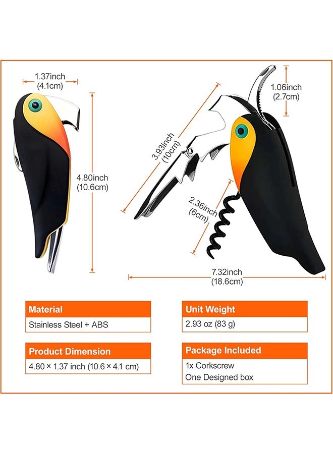 فتاحة نبيذ احترافية للنادلين والعاملين في البار مع قاطع رقائق معدنية - فتاحة زجاجات يدوية، شكل طائر مزدوج المفصلات 3 في 1 (أسود) - Image 2