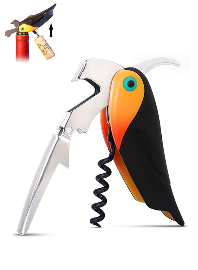 فتاحة نبيذ احترافية للنادلين والعاملين في البار مع قاطع رقائق معدنية - فتاحة زجاجات يدوية، شكل طائر مزدوج المفصلات 3 في 1 (أسود) - Image 1