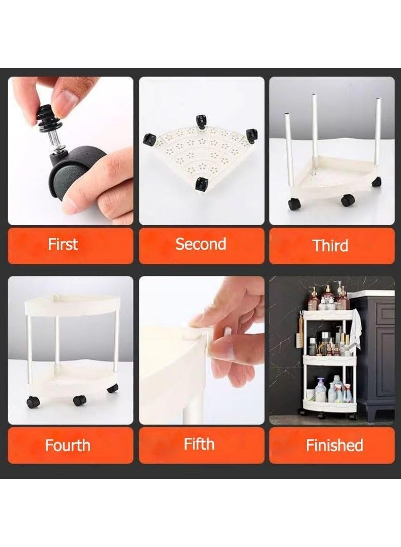 BLOOMING TIME 3-Tier Rolling Storage Cart,Corner Shelves， Multi-Purpose Organizer for Bathroom, Office & Kitchen, Plastic Shower Caddy Organizer Shelf, Easy to Assemble & Move - Image 5