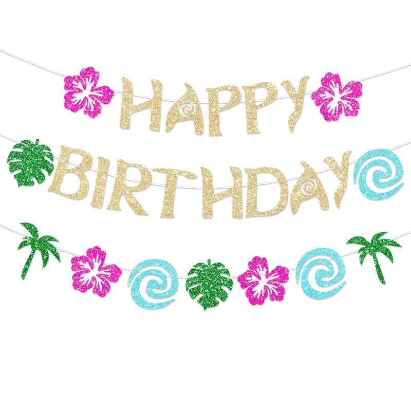 Fhgg Hawaiian Moana Birthday Banner Party Decoration Glittery Gold For Happy Birthday Tropical Luau Summer Baby Shower Decor - Image 1