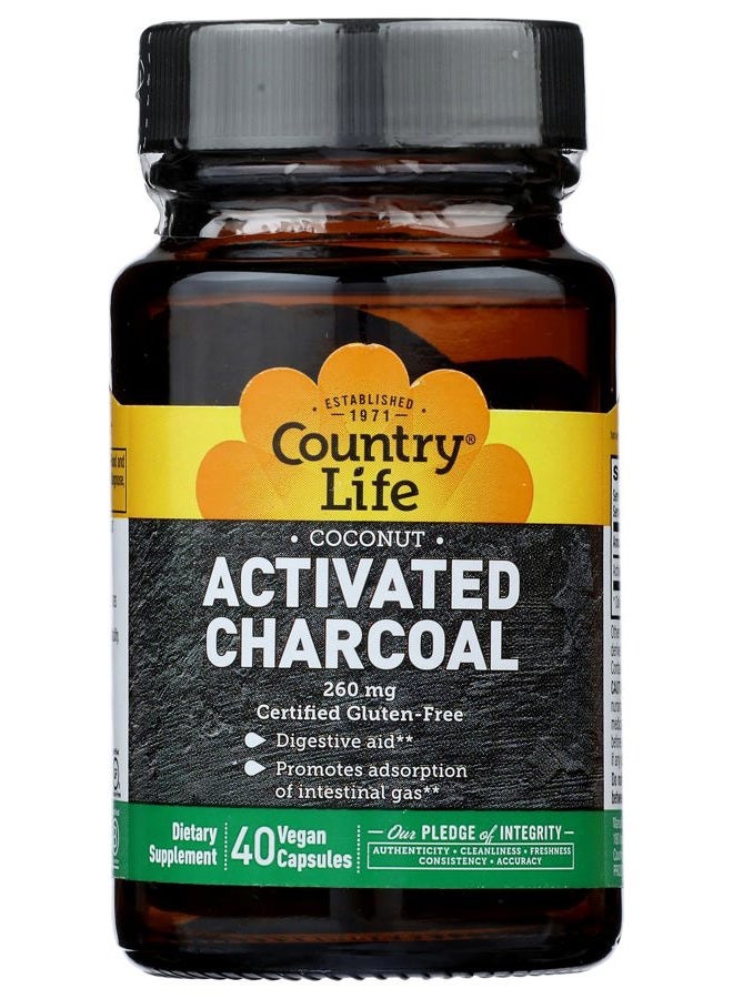 Country Life Coconut Activated Charcoal Capsules, 260mg – Natural Charcoal Supplement for Gas and Bloating Relief - Gluten-Free, 40 Vegan Capsules - Image 1