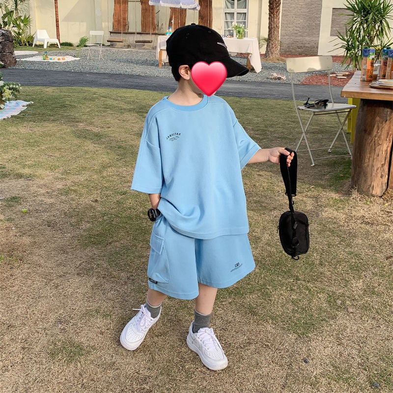 Children'S Wear Boy'S Cotton Suit Korean Style Casual Loose Short-Sleeved Shorts Two-Piece Trendy - Image 3