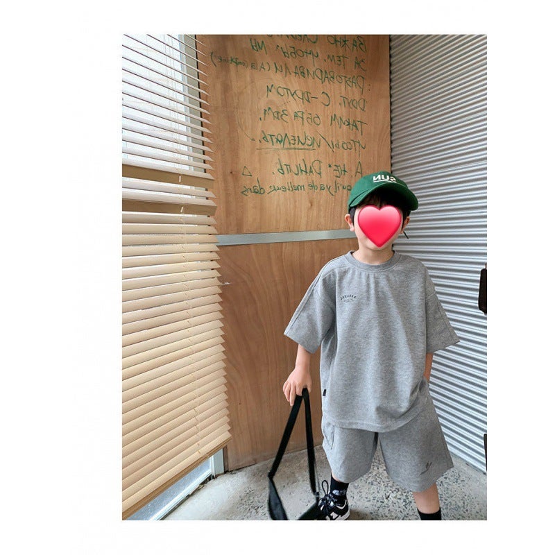 Children'S Wear Boy'S Cotton Suit Korean Style Casual Loose Short-Sleeved Shorts Two-Piece Trendy - Image 1