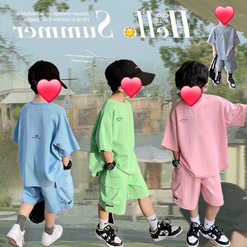 Children'S Wear Boy'S Cotton Suit Korean Style Casual Loose Short-Sleeved Shorts Two-Piece Trendy - Image 2