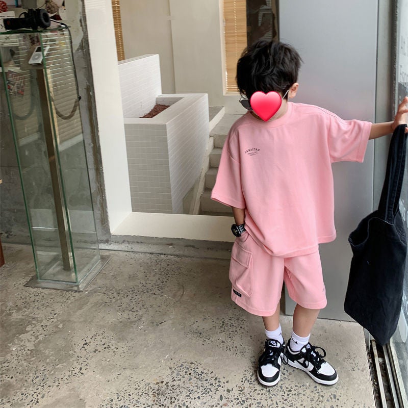 Children'S Wear Boy'S Cotton Suit Korean Style Casual Loose Short-Sleeved Shorts Two-Piece Trendy - Image 5