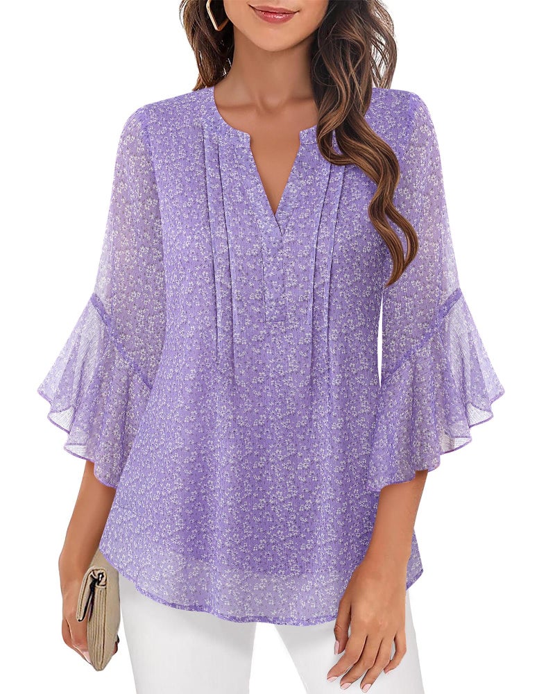 Timeson Spring Tops for Women 2026: Loose Flowy Work Professional â€” Womens 3/4 Sleeve Tops and Blouses â€” Business Casual Shirts Polyester Summer Interview Wedding Clothes Curvy Ladies Multi Violet L - Image 3