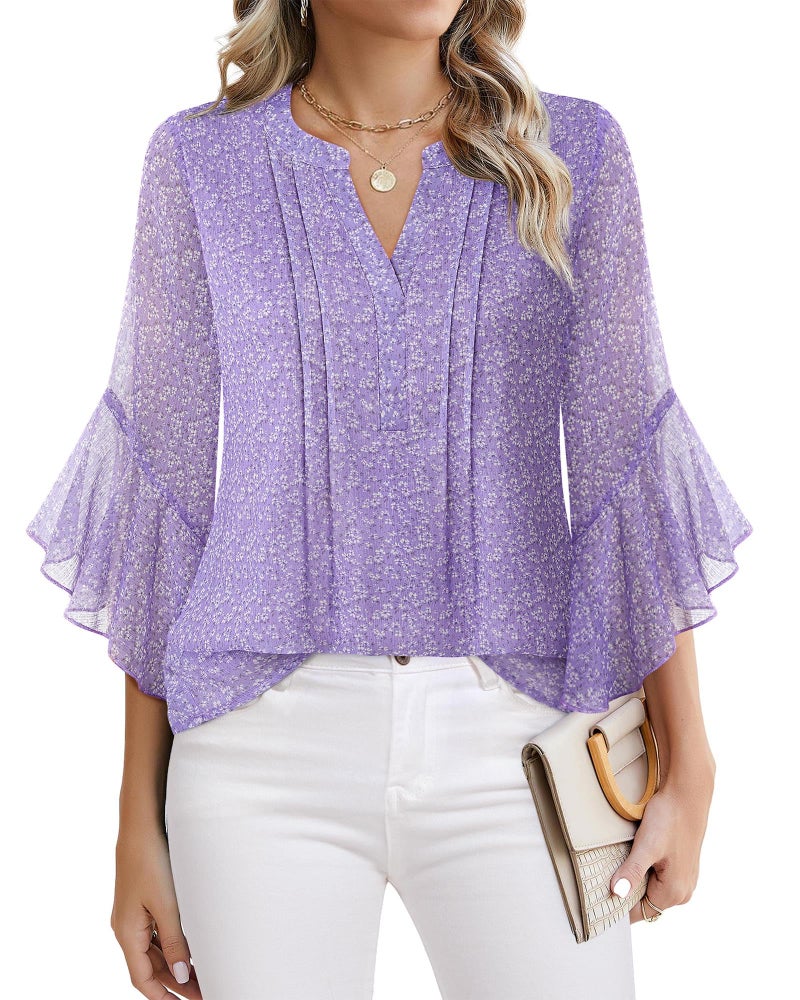 Timeson Spring Tops for Women 2026: Loose Flowy Work Professional â€” Womens 3/4 Sleeve Tops and Blouses â€” Business Casual Shirts Polyester Summer Interview Wedding Clothes Curvy Ladies Multi Violet L - Image 1