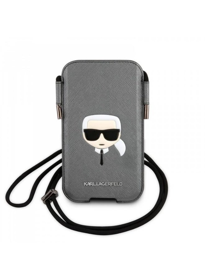جراب جوال مع رباط فضي كارل لاغرفيلد Karl lagerfeld PU Saffiano Pouch With Karl's Head Large
