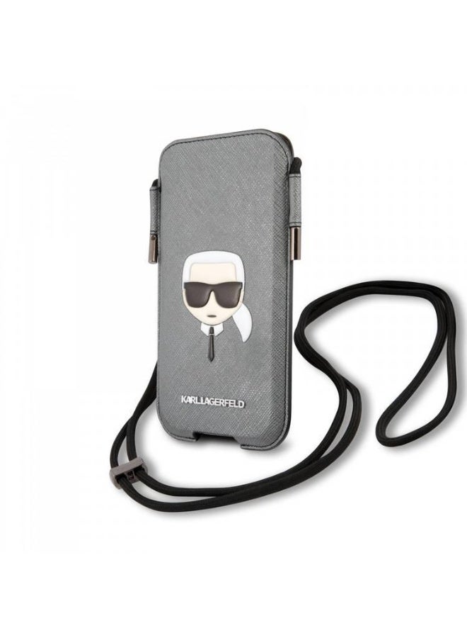 جراب جوال مع رباط فضي كارل لاغرفيلد Karl lagerfeld PU Saffiano Pouch With Karl's Head Large