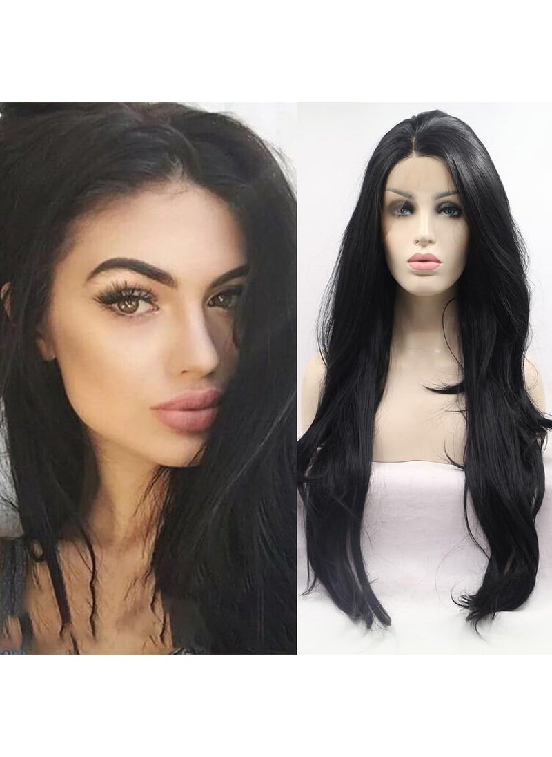 Xiweiya Xiweiya long black wavy wig synthetic lace front wigs wavy for women, Drag Queen with Heat Resistant Fiber Hair Replacement Wig Long Black Hair Side Part 24 inch 