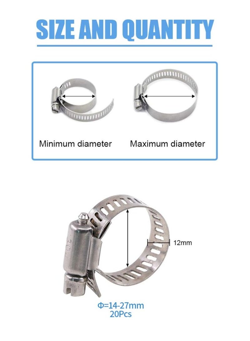 Generic 20 Pieces 304 Stainless Steel Adjustable 14-27mm Range Worm Gear Hose Clamp Combo Kit, Fuel Pipe Clamps for Water Pipe, Pipeline, Automotive and Mechanical Applications (14-27mm) - Image 2